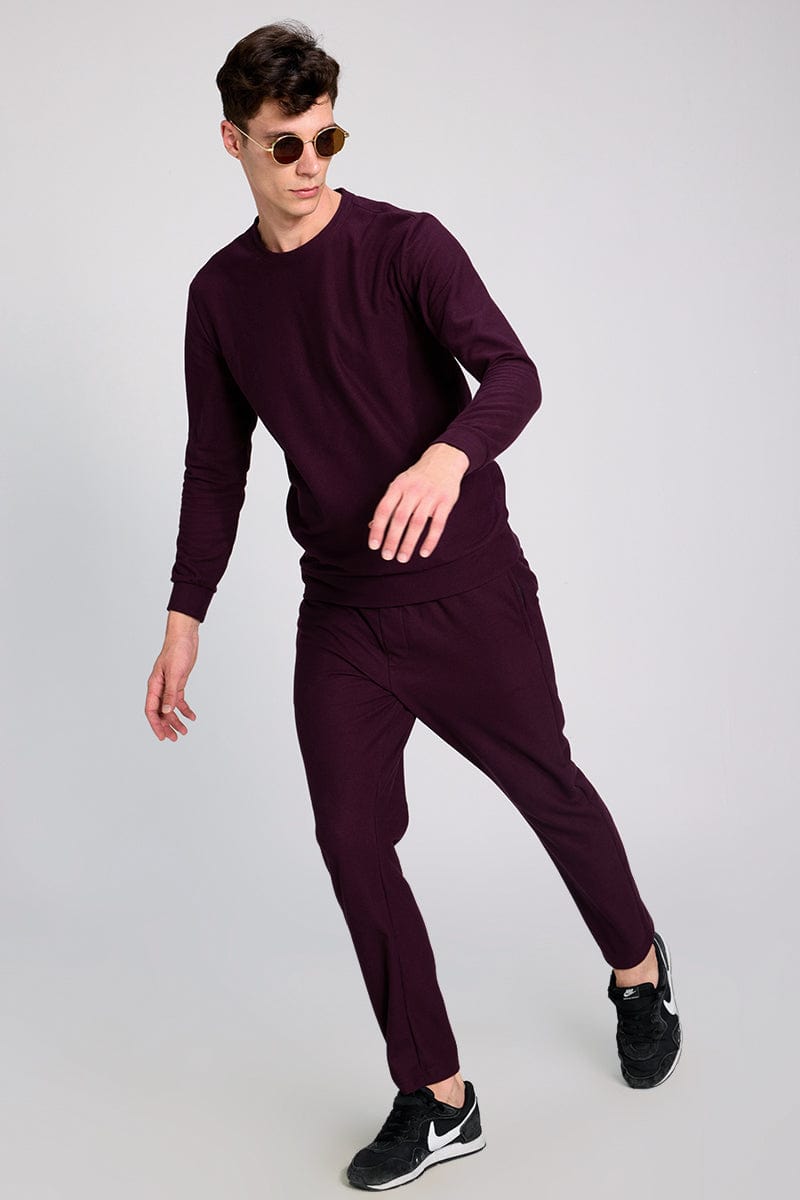 Knitted Maroon Co-Ords Set With Joggers By Purple Mango