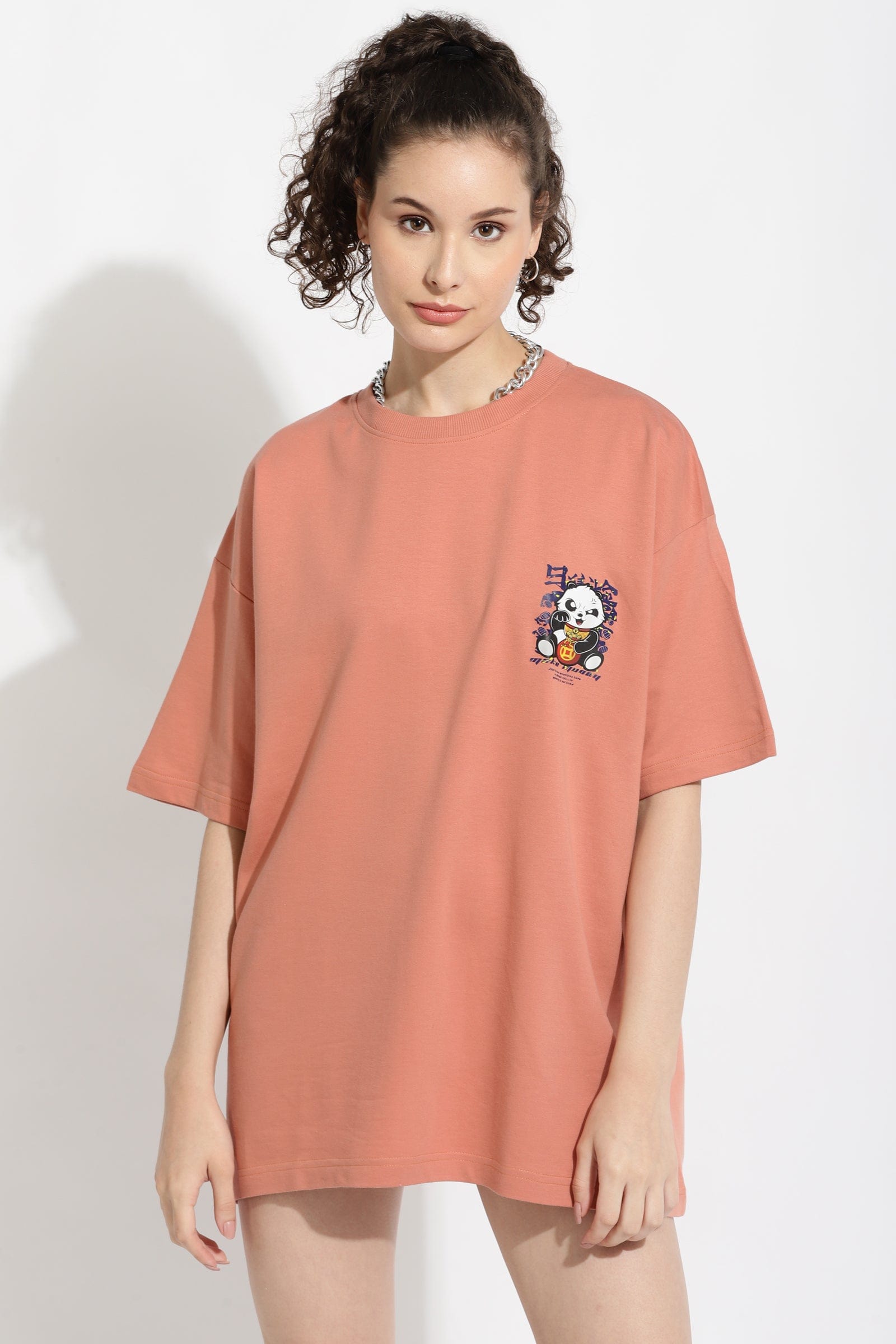 Slaying Panda Peach Oversized Unisex T-Shirt By Purple Mango