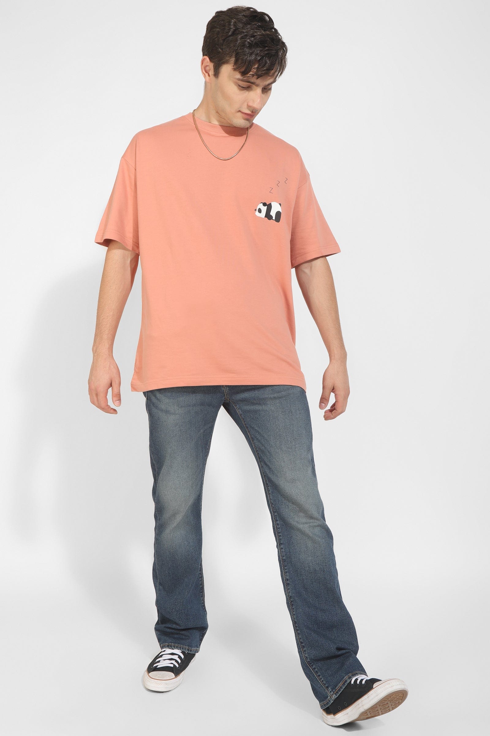 Snoozy Panda Peach Oversized Unisex T-Shirt By Purple Mango