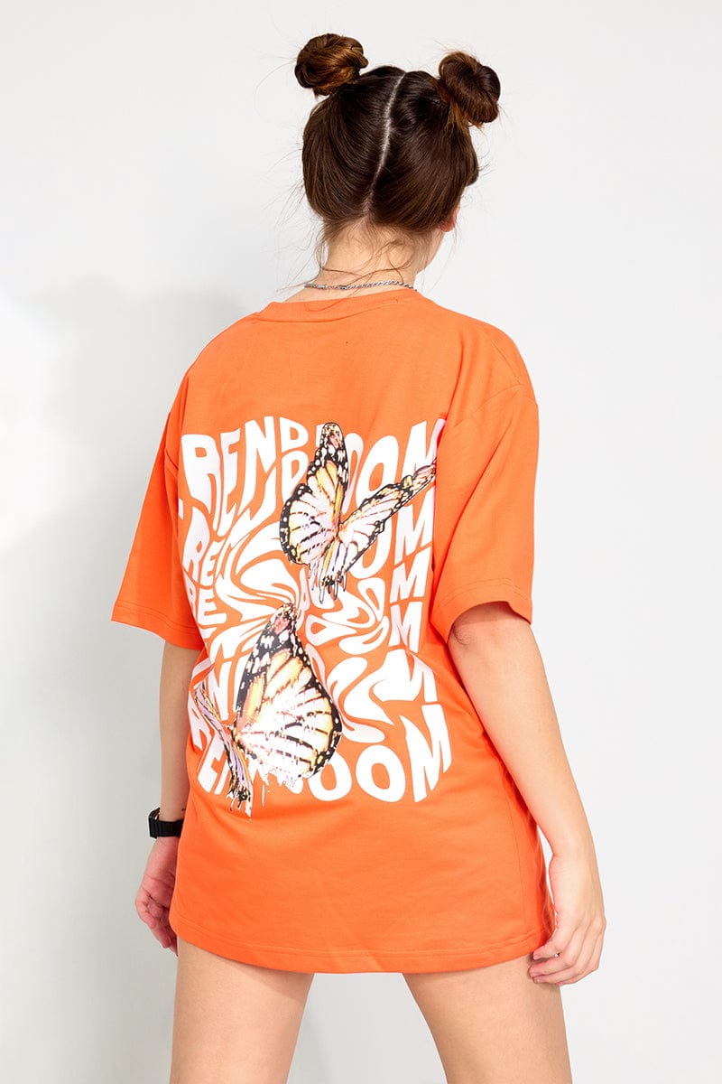 Flying Butterfly Orange Oversized Unisex T-shirt By Purple Mango